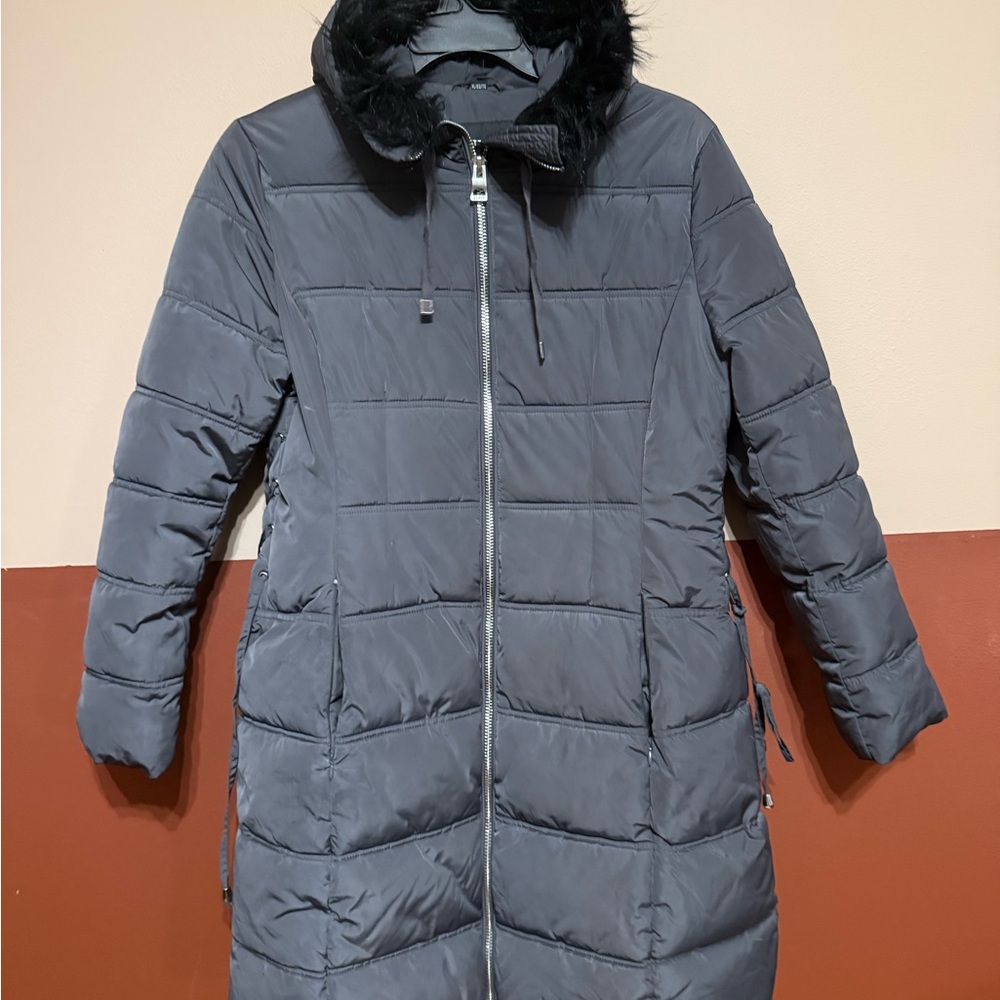 Guess Charcoal Puffer Jacket with Faux Fur Hood